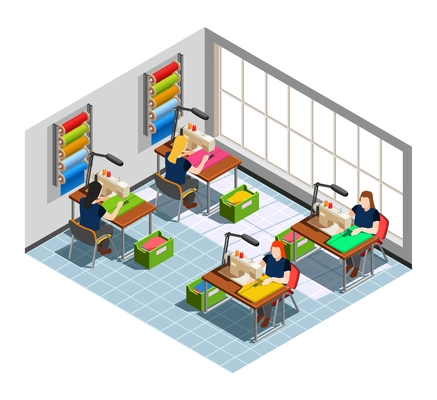 Fashion clothing factory seamstress workplace isometric composition with women at sewing machines and ready production vector illustration