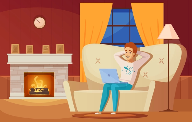 Designer artist composition with laptop sofa and fireplace flat vector illustration