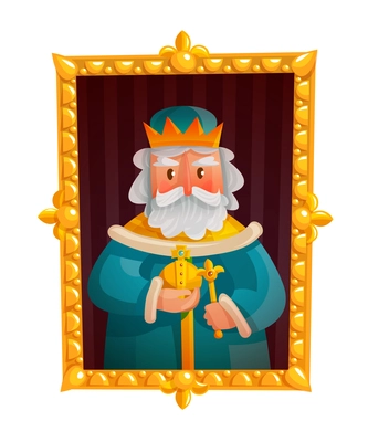 Cartoon portrait of king in crown with orb and scepter in golden frame isolated vector illustration