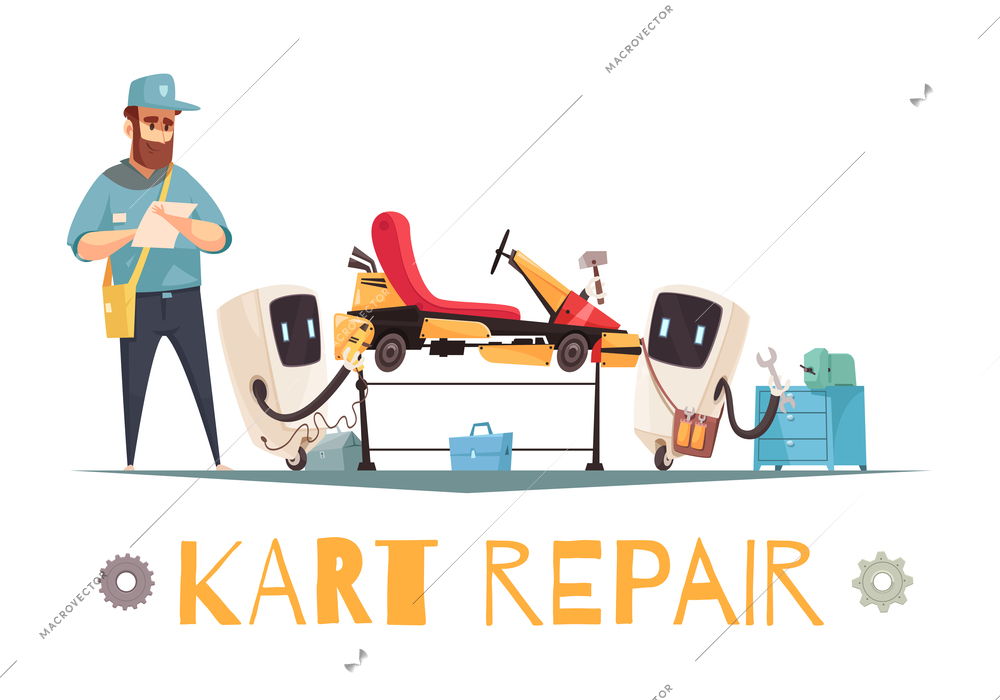 Mechanic and two robots repairing kart racing car cartoon vector illustration