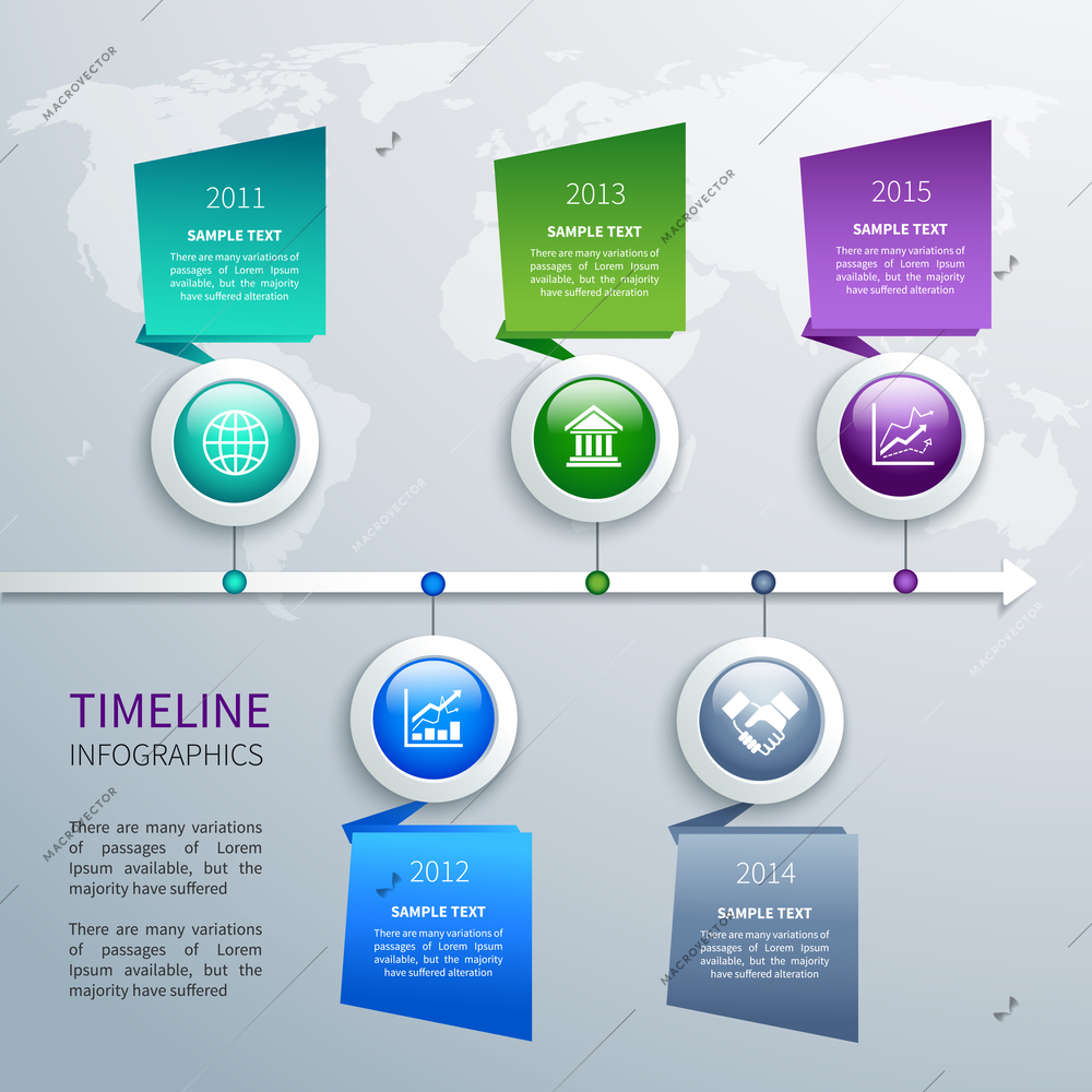 Abstract timeline infographics design template with time arrow round buttons and business icons vector illustration