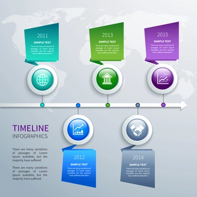 Abstract timeline infographics design template with time arrow round buttons and business icons vector illustration