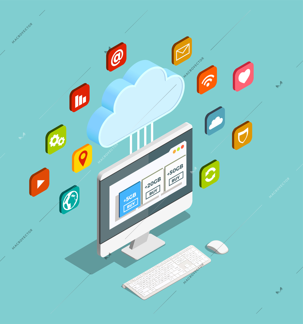 Cloud computing service concept providing storage networks servers applications isometric composition with monitor and apps symbols vector illustration