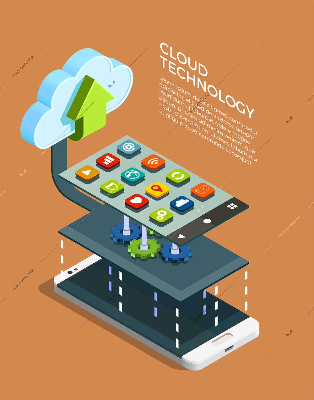 Cloud computing technology network configuration of tablet and smartphones with apps symbols isometric infographic elements poster vector illustration