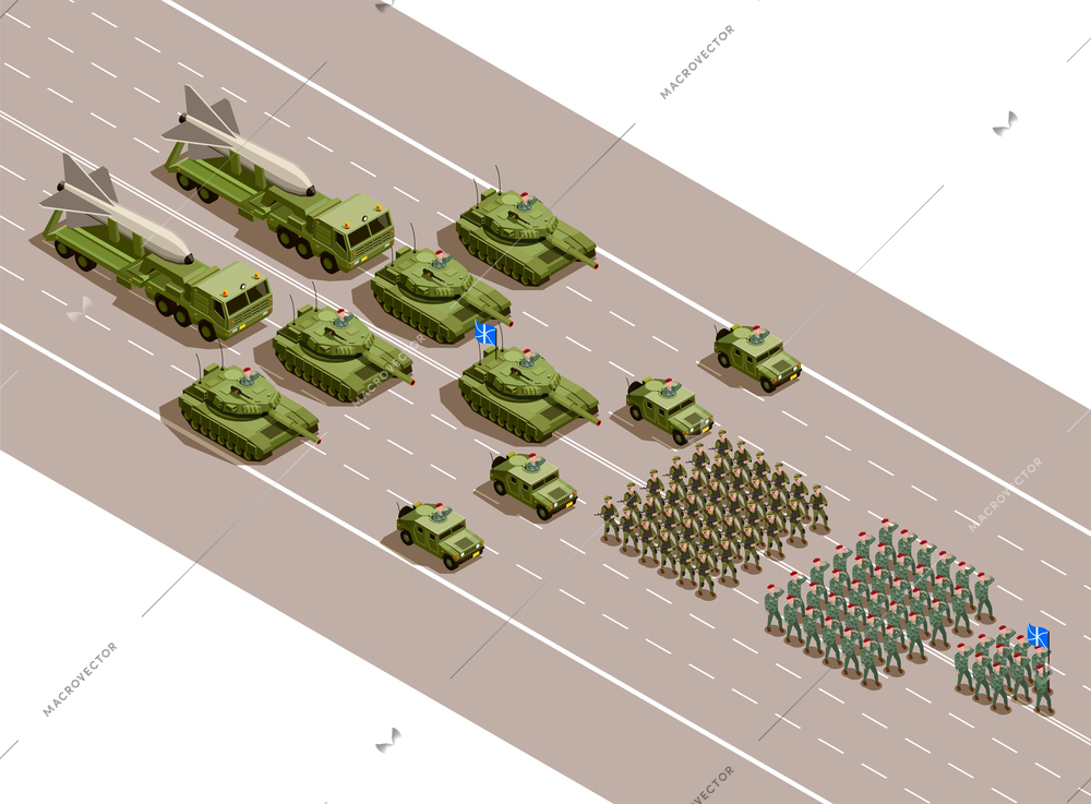 Military parade isometric composition with regiments and army technique blocks of armored vehicles and ballistic missiles vector illustration