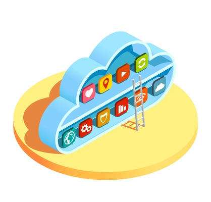 Cloud computing services resources access infrastructure isometric composition with ladder leading to application symbols vector illustration