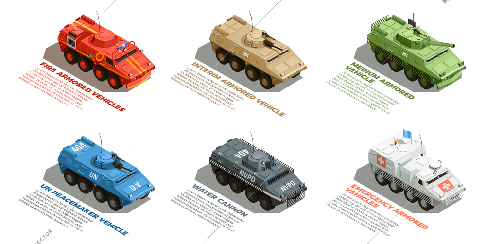 Army military armored vehicles with description isometric images collection with fire emergency and water cannon vector illustration