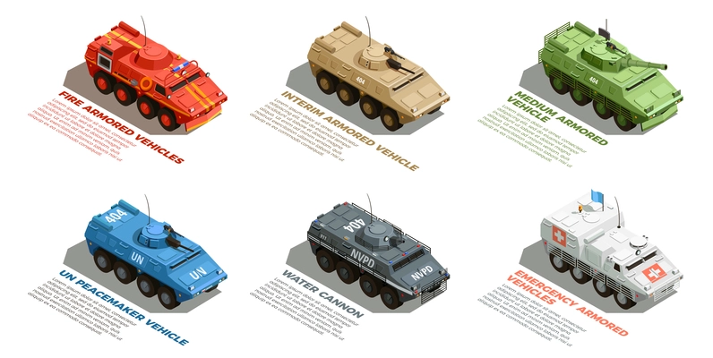 Army military armored vehicles with description isometric images collection with fire emergency and water cannon vector illustration