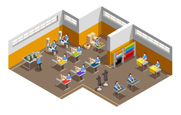 Fashion clothes manufacturer apparel factory interior isometric view with designing cutting sewing ironing and packing vector illustration