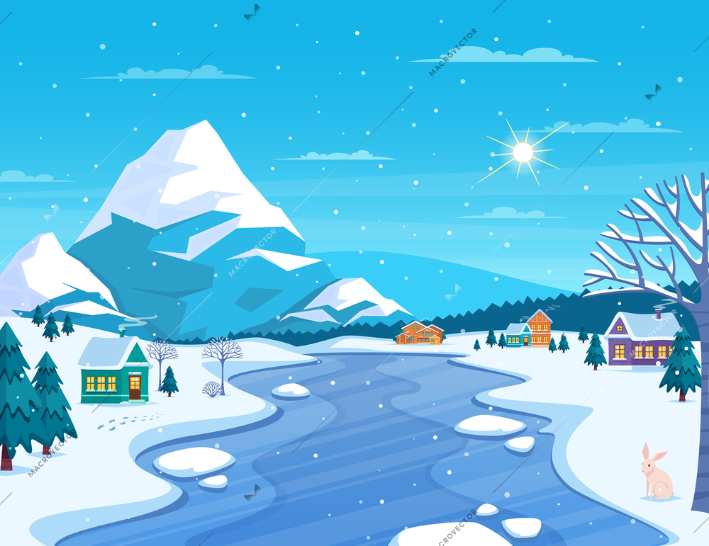 Winter landscape and town with mountains and frozen river flat vector illustration