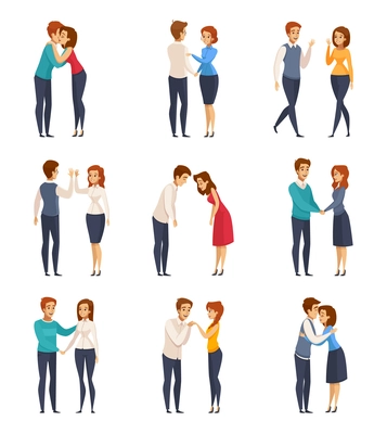 Greeting handshake set with men and women flat isolated vector illustration