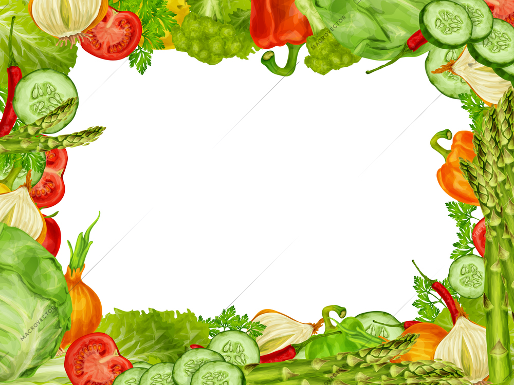 Vegetable organic food frame set of chili pepper broccoli cucumber vector illustration.