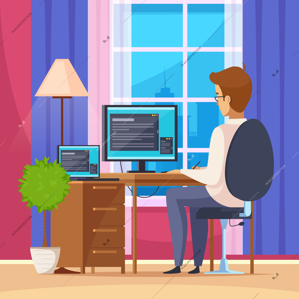 Designer artist at home with computer chair and table flat vector illustration