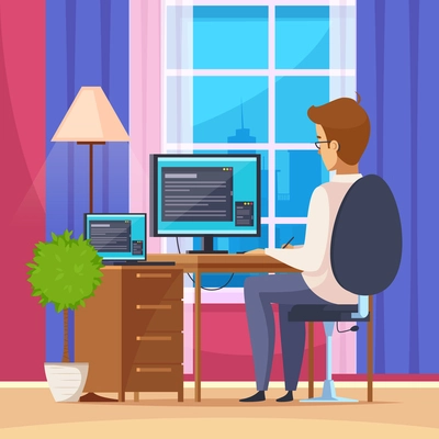 Designer artist at home with computer chair and table flat vector illustration