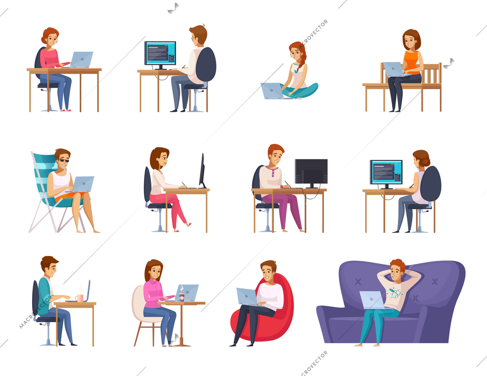 Designer artist set with laptop sofa and table flat isolated vector illustration