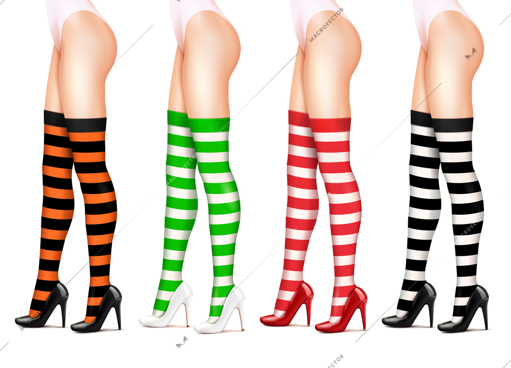 Female slim legs and striped stockings isolated vector realistic illustration
