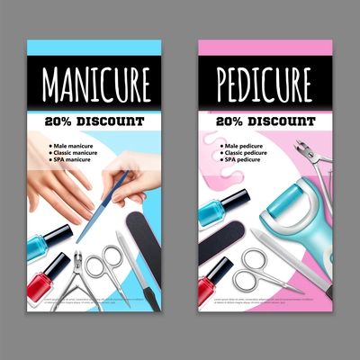 Pedicure and manicure vertical banners set with nail polish symbols realistic isolated vector illustration