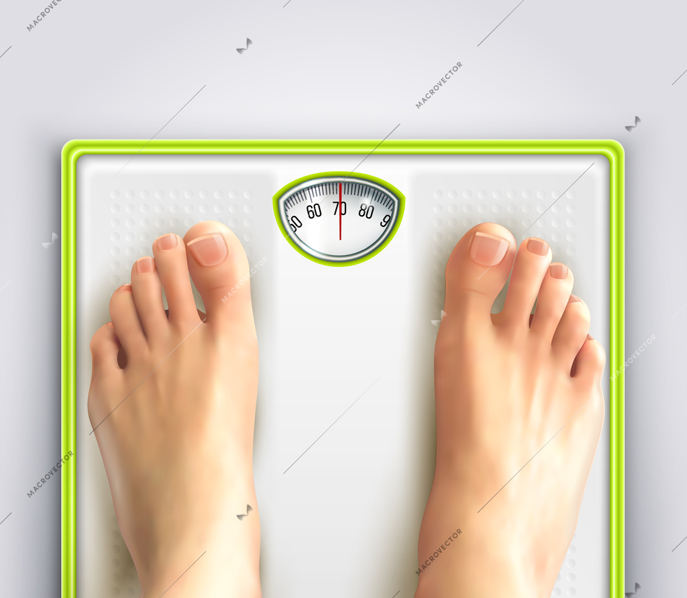 Woman weight loss and fitness with scales and feet realistic vector illustration