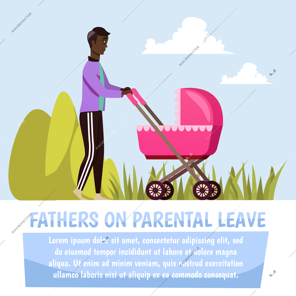 Father walking with pink stroller during parental leave orthogonal composition on blue sky background vector illustration