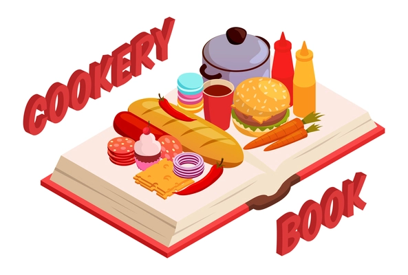 Culinary book isometric composition with bread and sweets, burger and sausage, cheese, vegetables and pan vector illustration