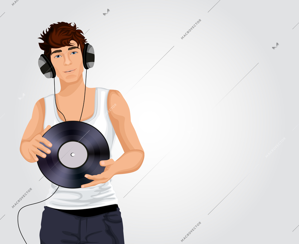 Young sexy DJ guy in white singlet with headphones and vinyl record in hands vector illustration