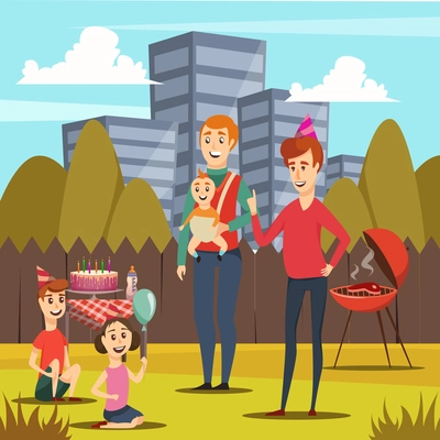 Orthogonal composition with happy fathers and kids including infant at bbq party during parental leave vector illustration