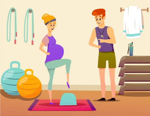 Composition with pregnant woman during exercise on step platform with personal sport instructor in gym vector illustration