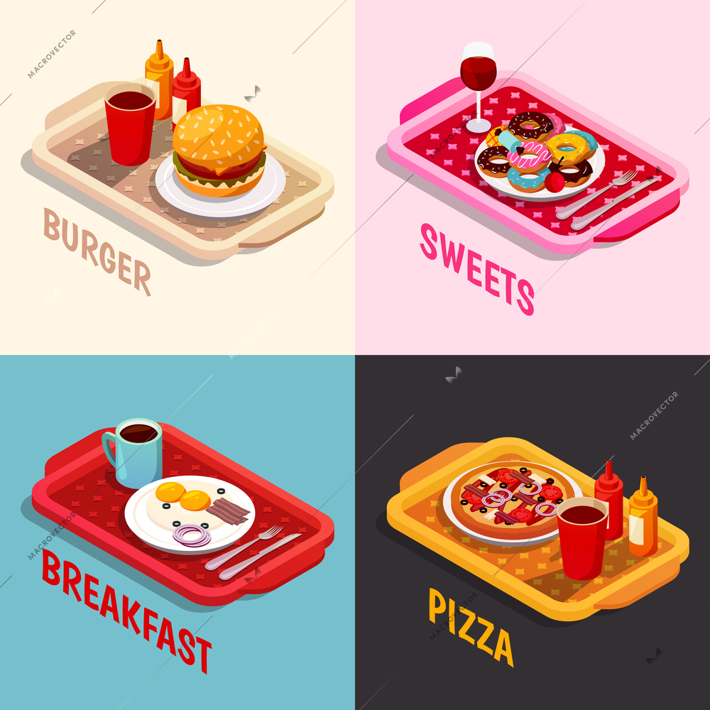 Food cooking isometric concept including platters with burger, sweets and wine, breakfast, pizza isolated vector illustration