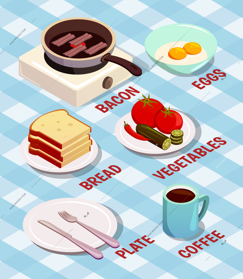 Food cooking isometric composition with bacon on frying pan, bread, eggs, coffee, plate and cutlery vector illustration