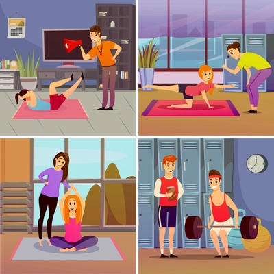 Personal sport trainer orthogonal concept with weightlifting, yoga, physical exercises in gym isolated vector illustration