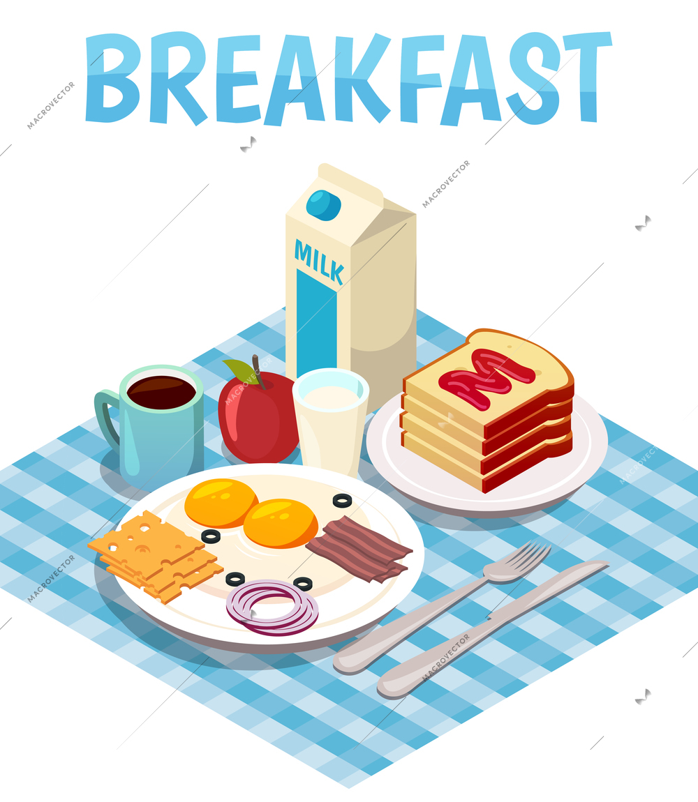 Breakfast isometric composition with fried eggs, milk, bread with jam, tea or coffee on table vector illustration