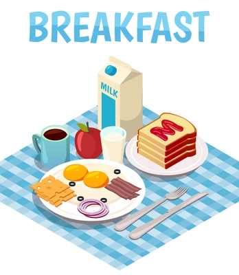 Breakfast isometric composition with fried eggs, milk, bread with jam, tea or coffee on table vector illustration