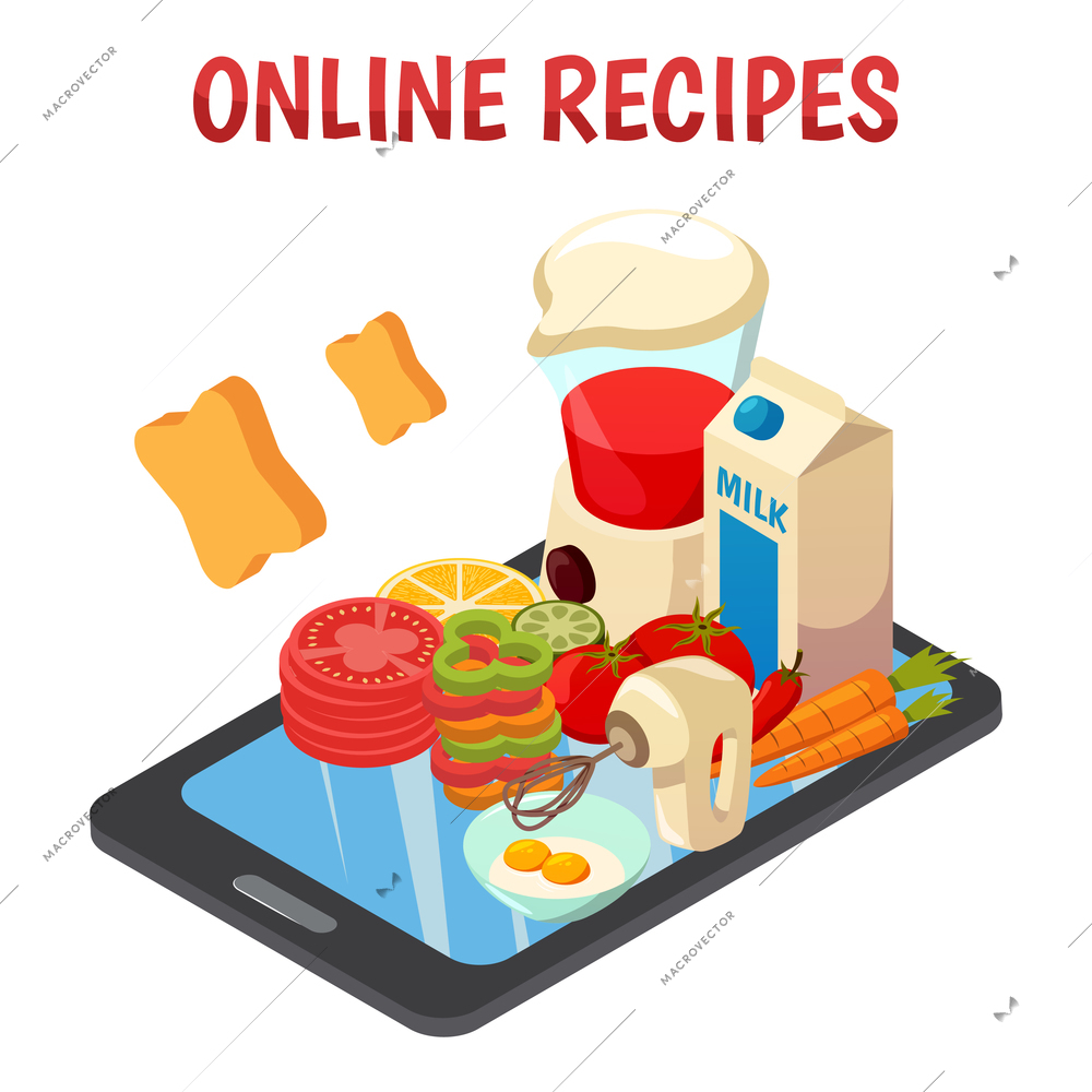 Online culinary recipes isometric composition with kitchen equipment, vegetables, eggs, milk on mobile device screen vector illustration