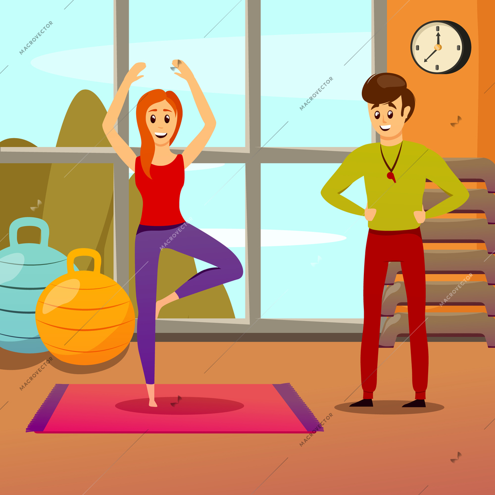 Personal yoga instructor composition with trainer and young woman in standing position on mat vector illustration