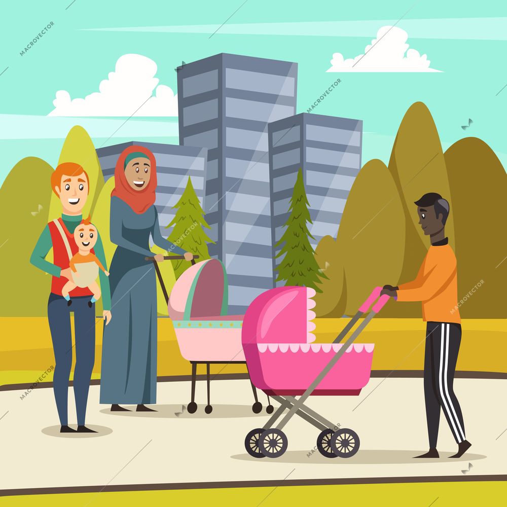 Orthogonal background with fathers and infants at stroll in city park during parental leave vector illustration