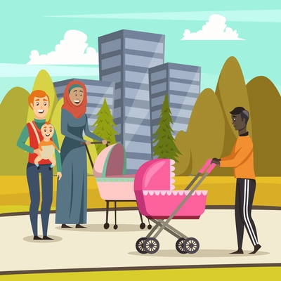 Orthogonal background with fathers and infants at stroll in city park during parental leave vector illustration