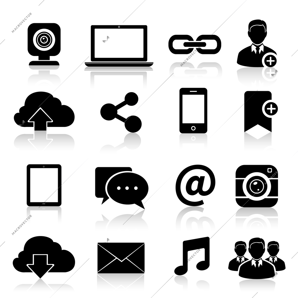 Social media black icons set with website blog design elements isolated vector illustration