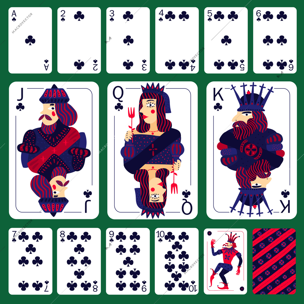 Poker playing cards club suit set laid out on green table isolated vector illustration