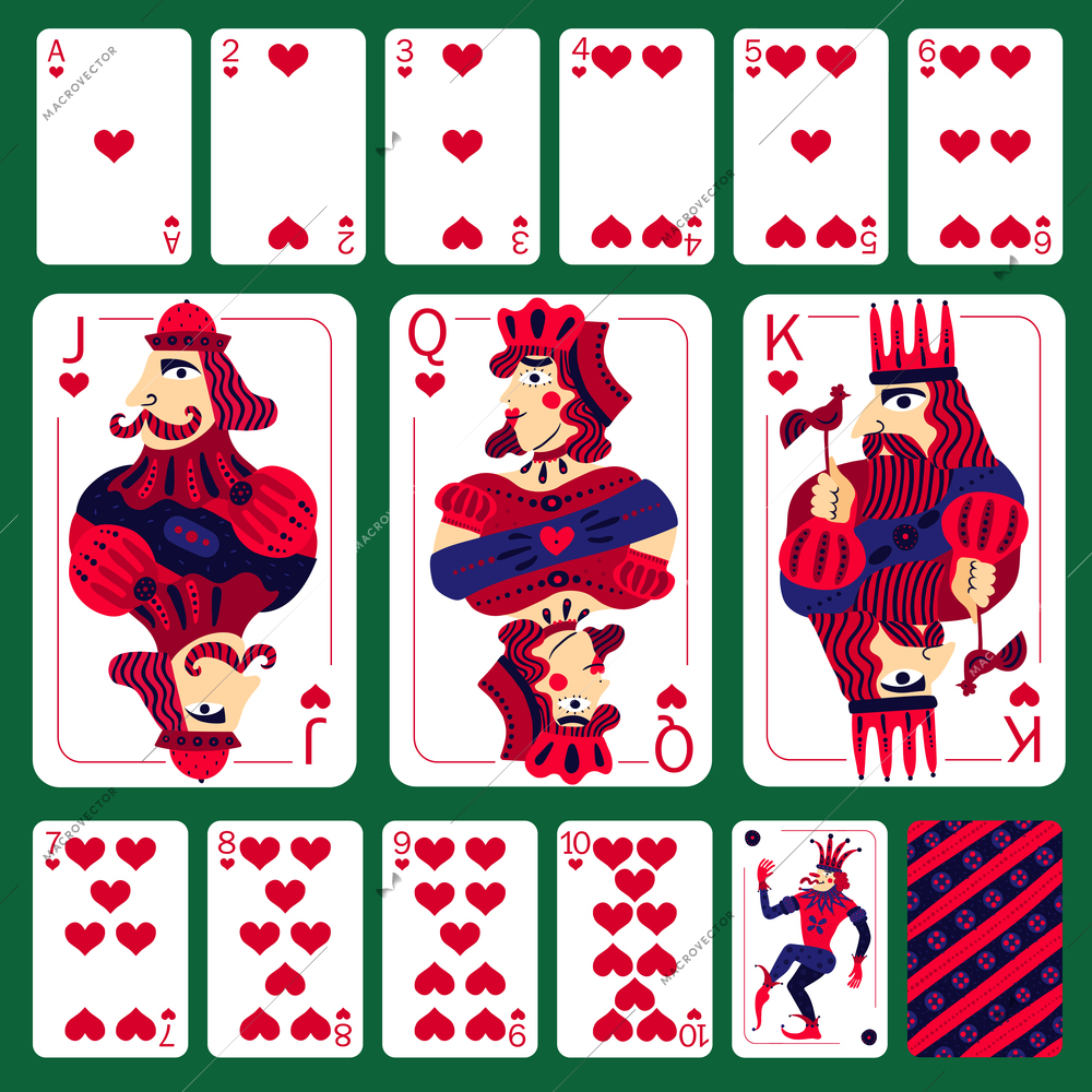 Set of poker playing cards of heart suit and joker laid out on green table isolated vector illustration