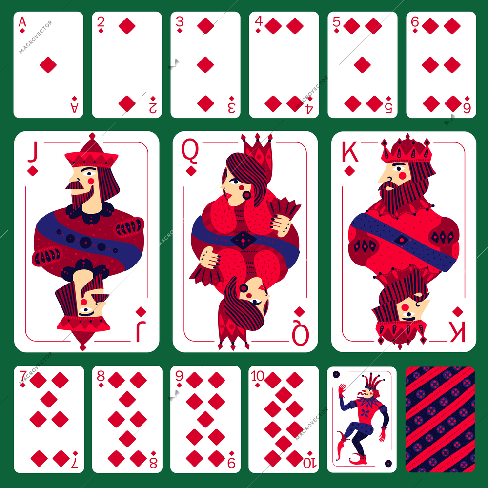 Set of poker playing cards of diamond suit plus joker and playing card back on green background isolated vector illustration