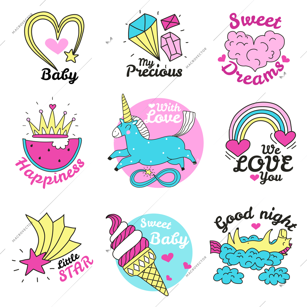 Cute magic emblems colored set of precious sweets stars hearts unicorn rainbow images isolated vector illustration