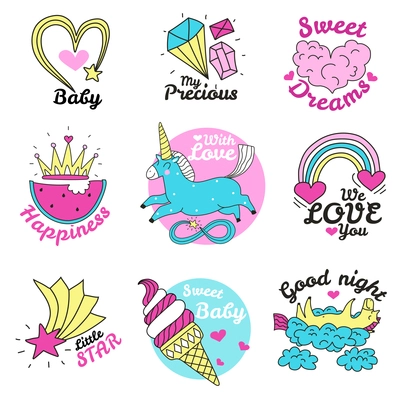 Cute magic emblems colored set of precious sweets stars hearts unicorn rainbow images isolated vector illustration