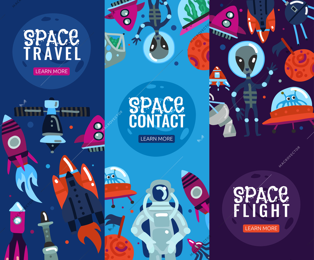 Space travel vertical banners with rocket astronaut ufo satellite aliens decorative icons flat vector illustration