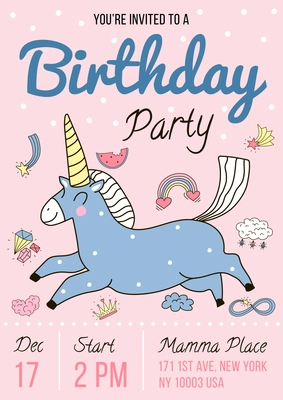 Birthday party invitation poster in hand drawn style with magic unicorn and date vector illustration