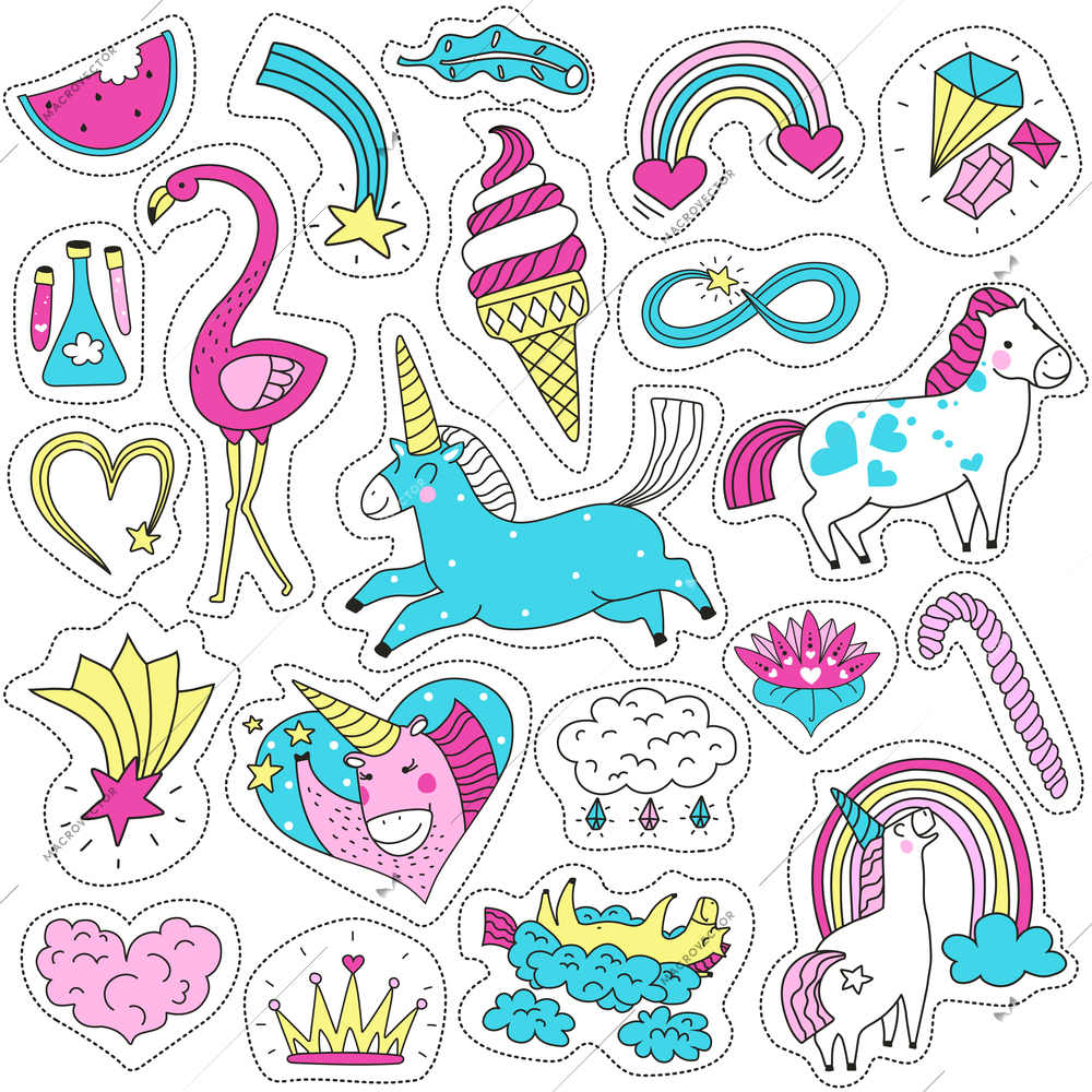 Set of cute magic fashion patches with unicorn rainbow rose star cloud magic wand hand drawn vector illustration