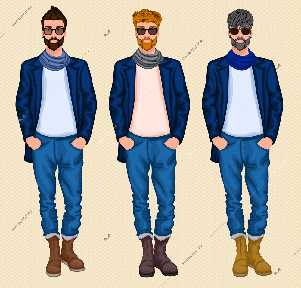 Hipster character male avatar persons set of grey ginger brown hair men isolated vector illustration