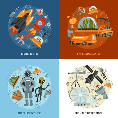 Space exploration 2x2 design concept with flying to mars detection of signals and intelligence life square icons flat vector illustration