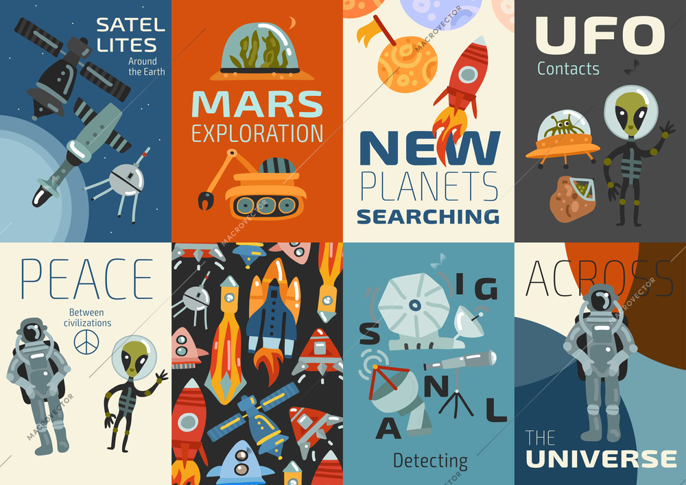 Space cards set of searching new planets signal detecting peace between civilization   flat vector illustration