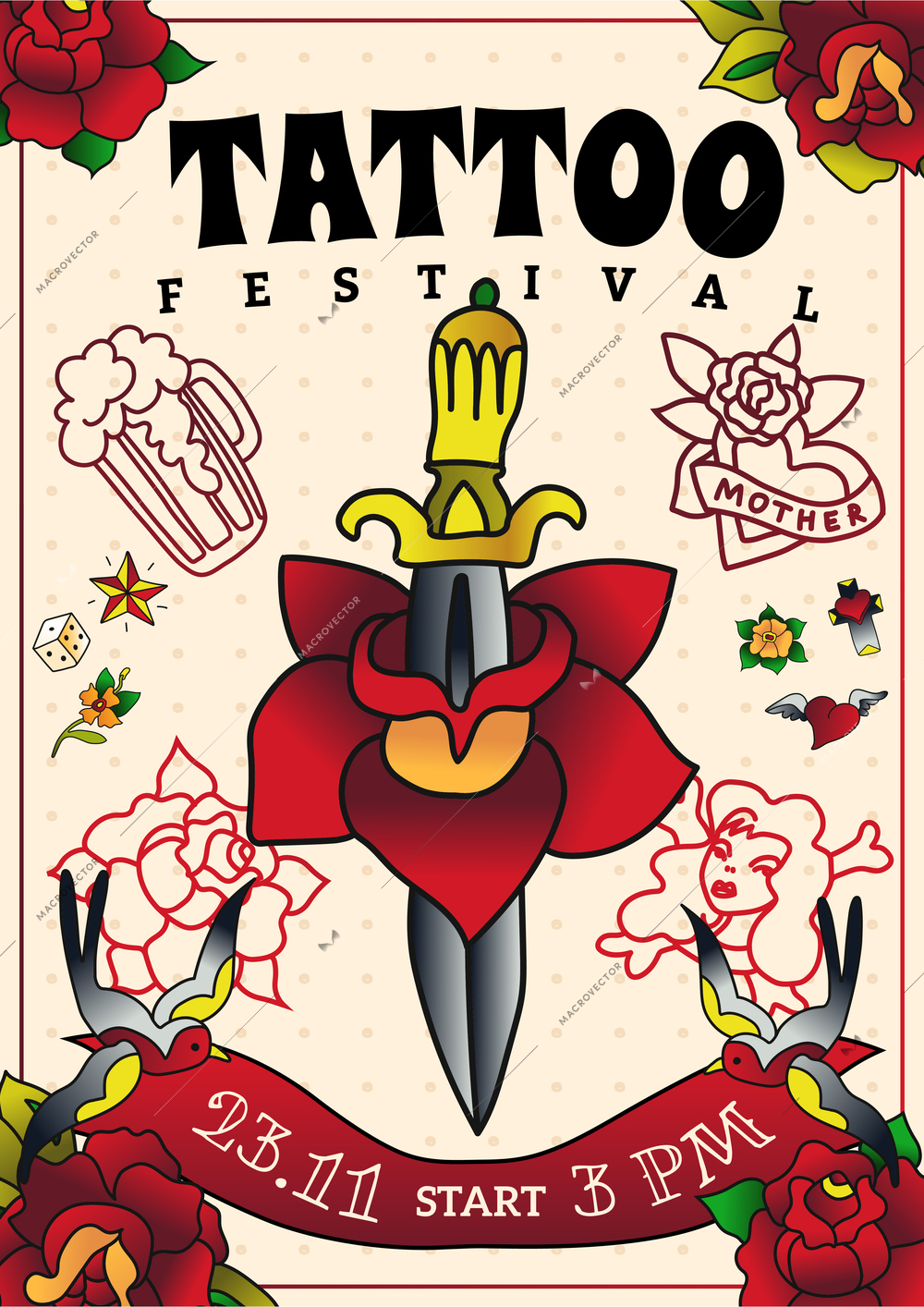 Tattoo festival poster with event date end traditional symbols of classic old tattoo school vector illustration