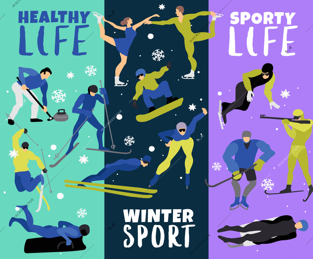 Winter sports vertical banners with skier biathlonist snowboarder hockey skater figurines flat vector illustration